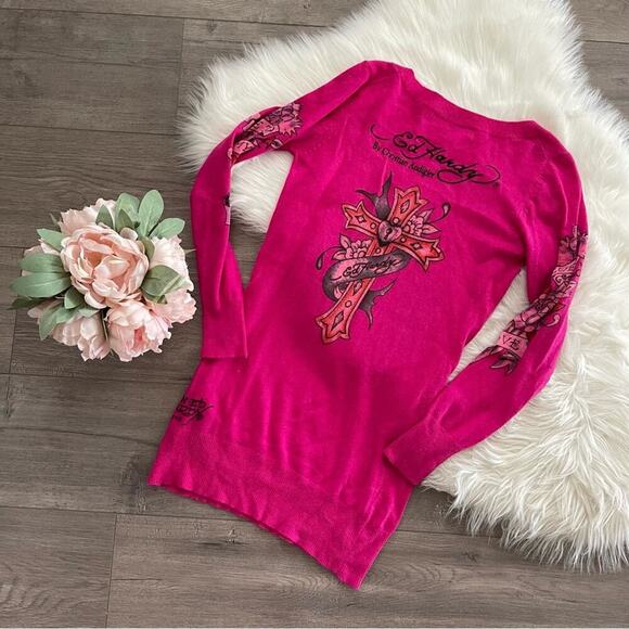 Vintage Ed Hardy Magenta Pink Rhinestone Tattoo Scoop Neck Wool Tunic Sweater M - Picture 4 of 6